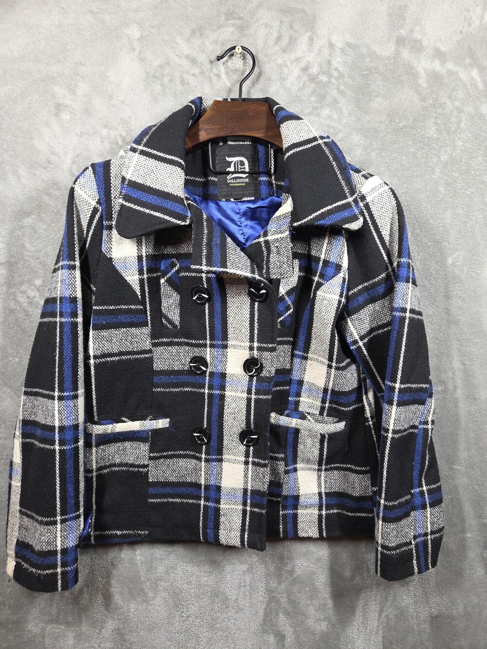 Dollhouse Jacket Womens XL Black Blue Plaid Pea Coat Wool Blend Lined Short